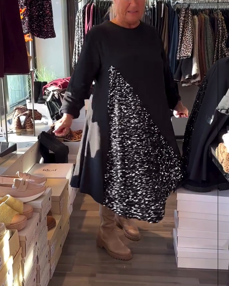 Kjole Glitter Panel Rund Hals