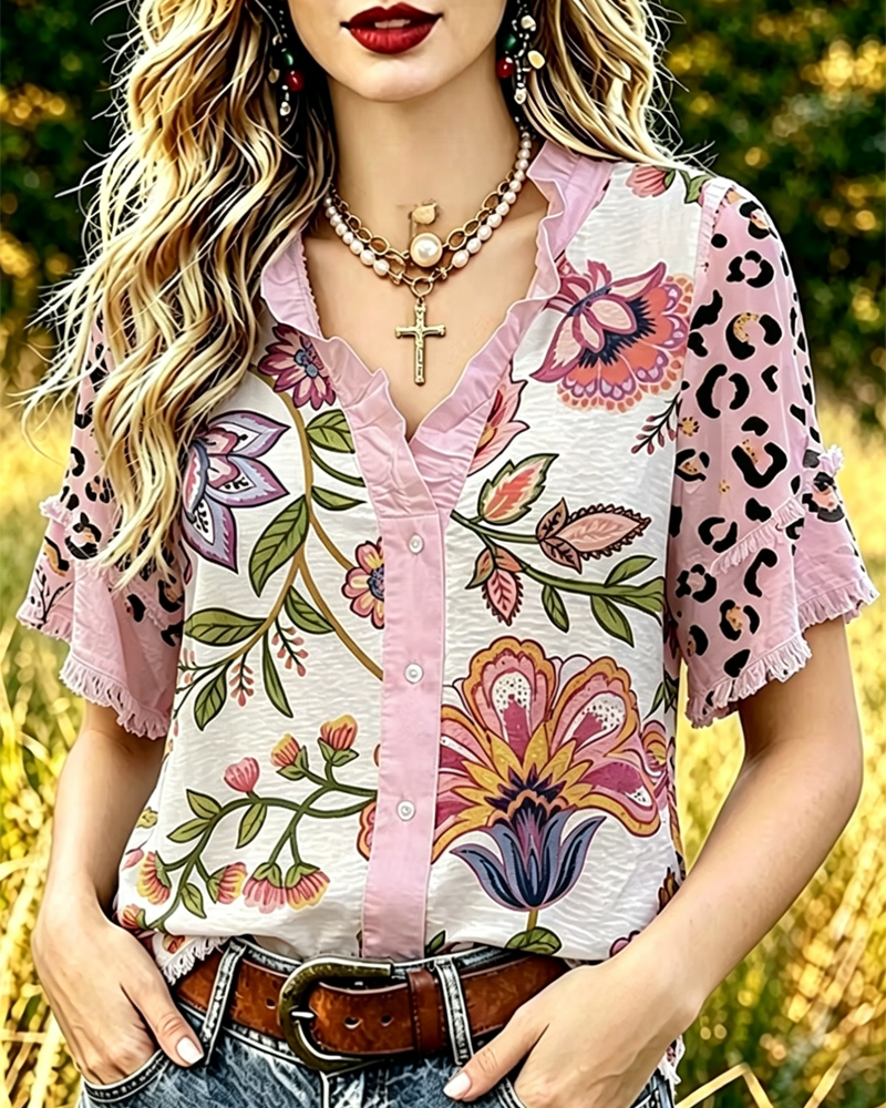 Bluse V-Hals Kontrast Tryk