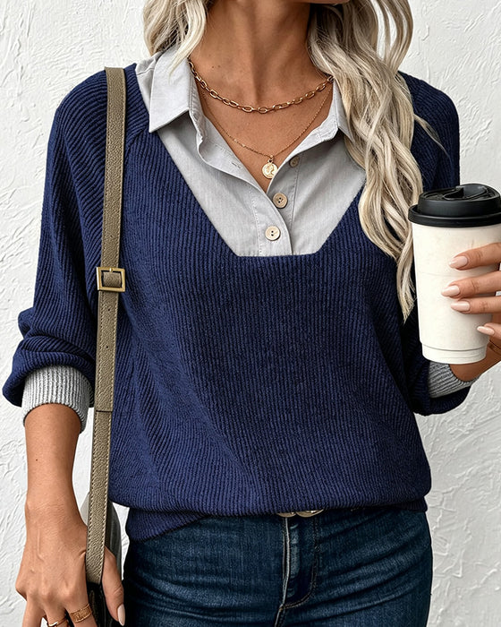 Knit Top Med Kontrasterende Krave Langærmet