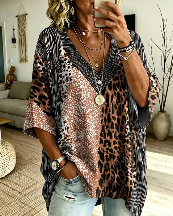 Top V-Hals Leopard Prik Farveblok