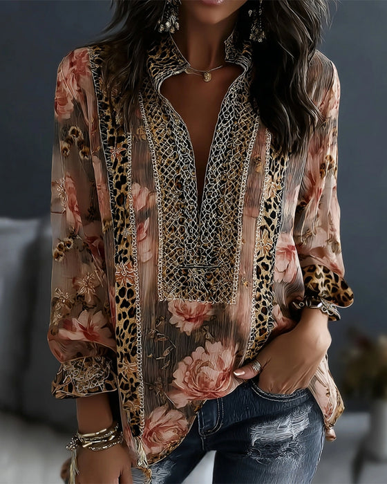 Bluse Blomstret Leopard Langærmet