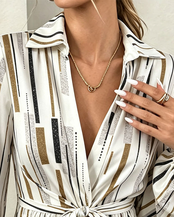 Bluse Geometrisk Stribe Indsnøret Talje Snor