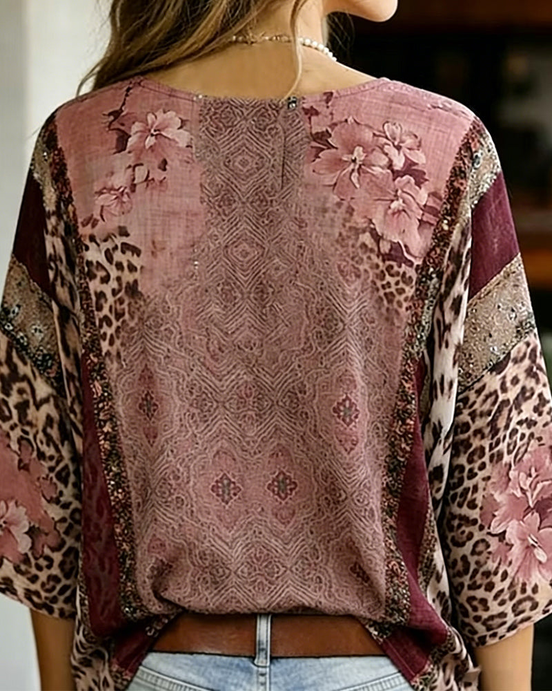 Bluse V-Hals Lygte Ærme Leopard