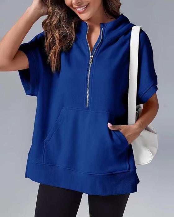 Sweatshirt Korte Ærmer Delvis Lynlås Hætte