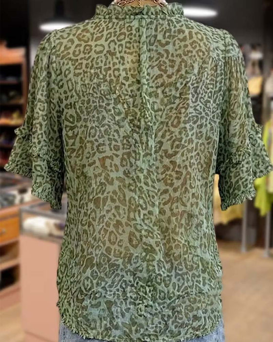 Bluse Grøntone Leopard Tryk Ruffle