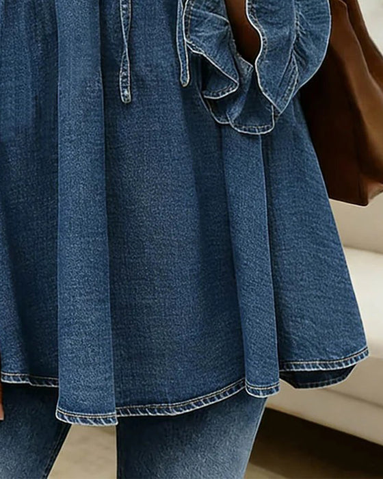 Bluse Flæsebind Denim Rund Hals