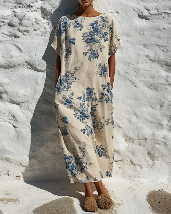 Kjole Rund Hals Vintage Blå Floral