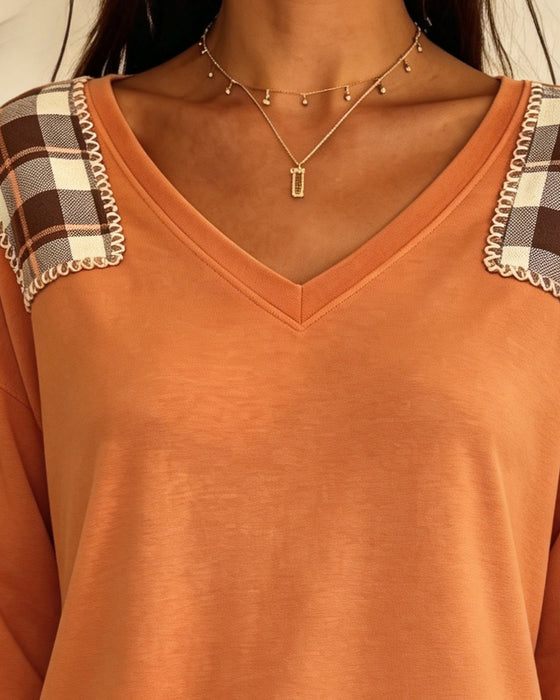Top ternet Patchwork V-Hals Casual