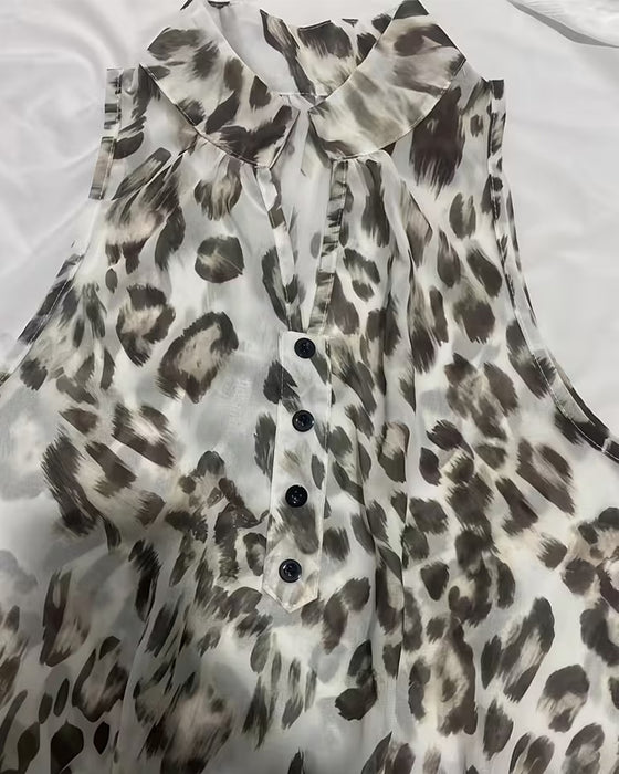 Kjole Leopard Tryk Mandarin Krave Ruffle