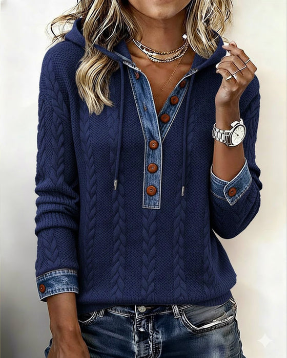 Farveblokeret Langærmet Hættetrøje Med Knapper