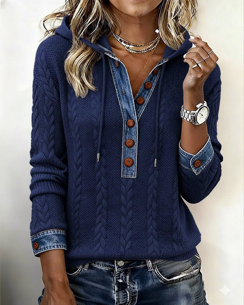 Farveblokeret Langærmet Hættetrøje Med Knapper