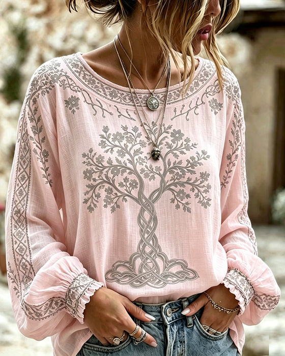 Bluse Rundhalset Træ Tryk Casual