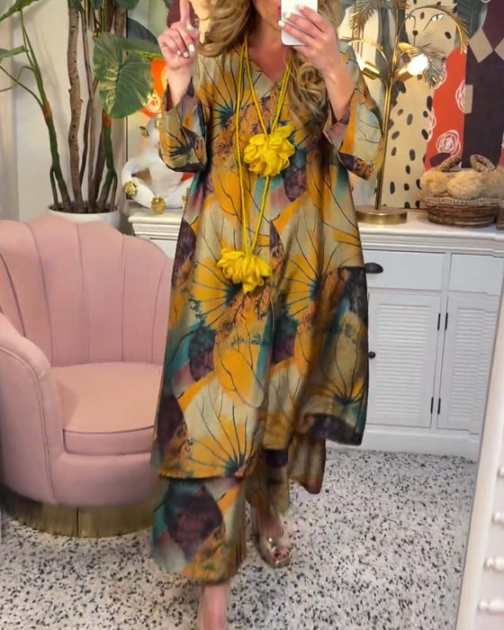 Afslappet to-delt sæt i Boho stil | Bluse og bukser med solsikker