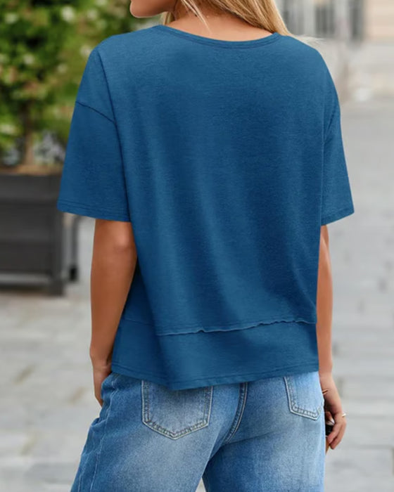 Bluse Ensfarvet V-Udskæring Patchwork Kant