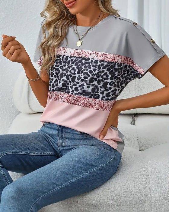 T-Shirt Rund Hals Leopardmønster Farveblok