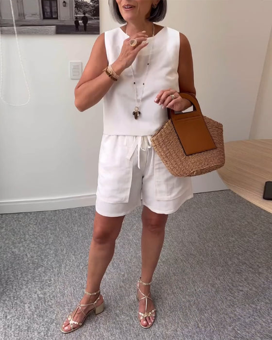 Jakkesæt Rund Hals Vest Shorts Ensfarvet