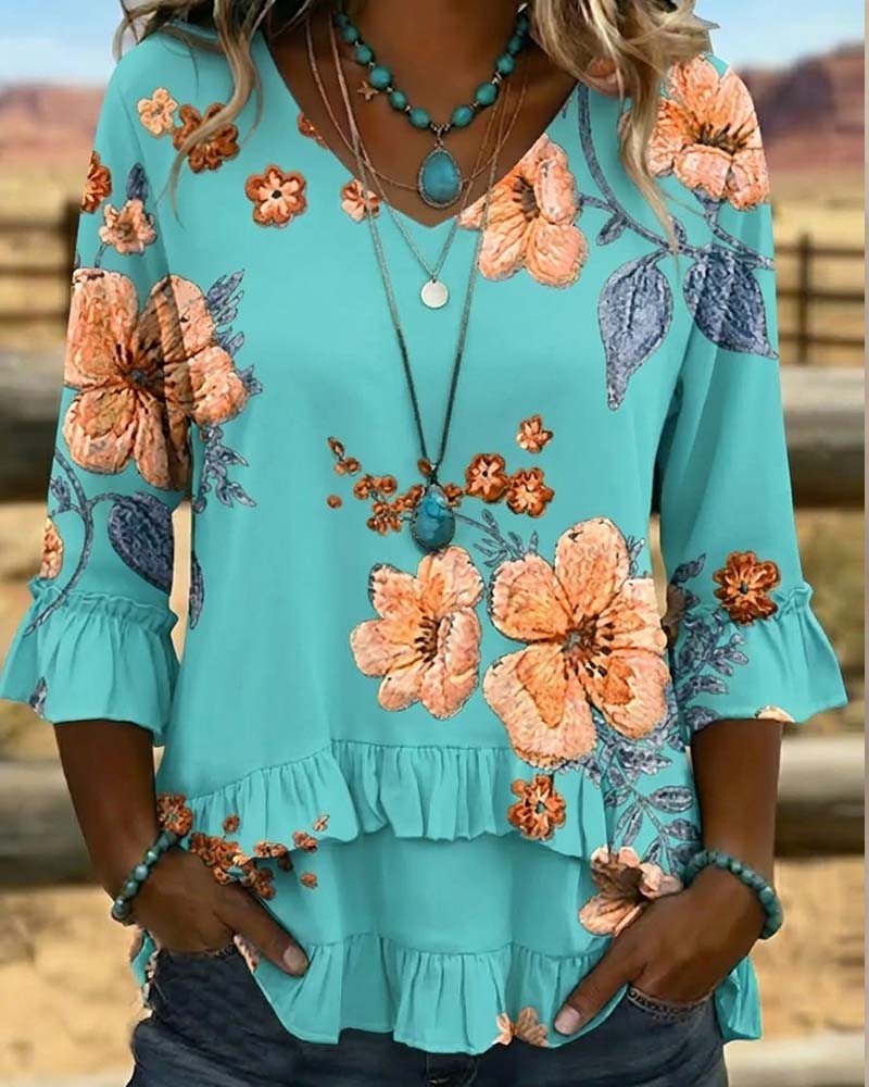 Bluse V-Udskæring Vintage Blomstret Loose Fit