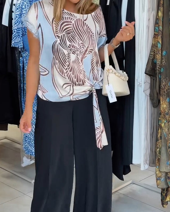 Bluse Med Rund Hals Snørring Uregelmæssig
