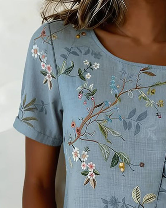 Bluse Rundhals Korte Ærmer Rynke Blomstret