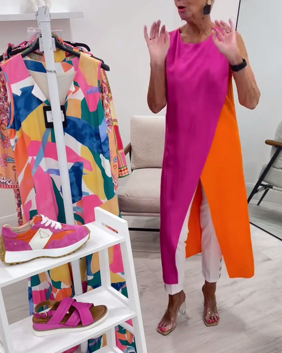 Bluse Uden Ærmer Kontrastfarve Slids Lang