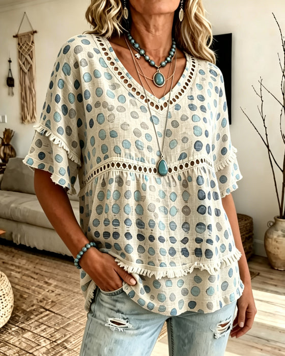 Bluse Frynser V-Hals Prikket Babydoll