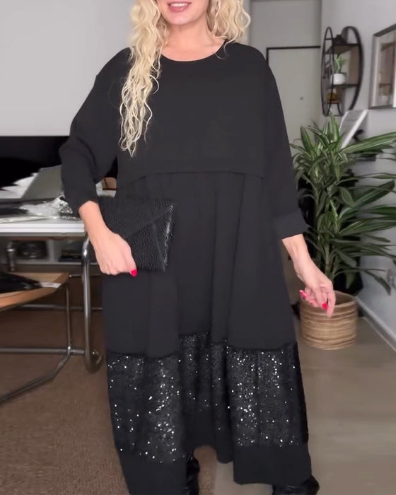 Kjole Rund Hals Pailletten Patchwork Løs