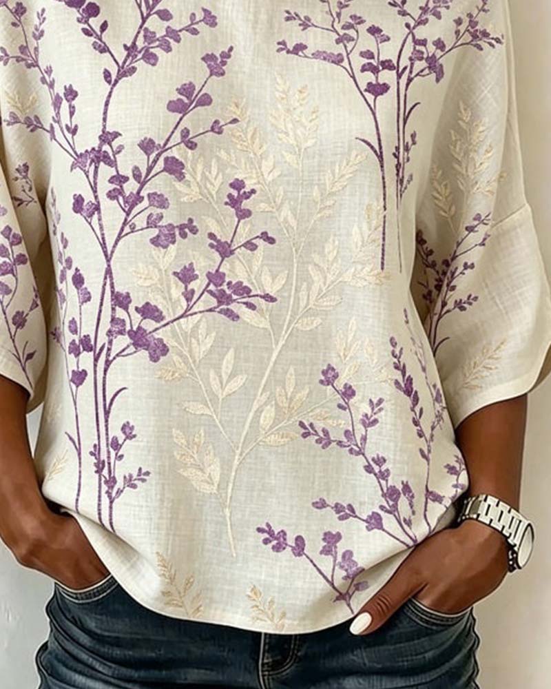 Bluse Rund Hals Patchwork Løs