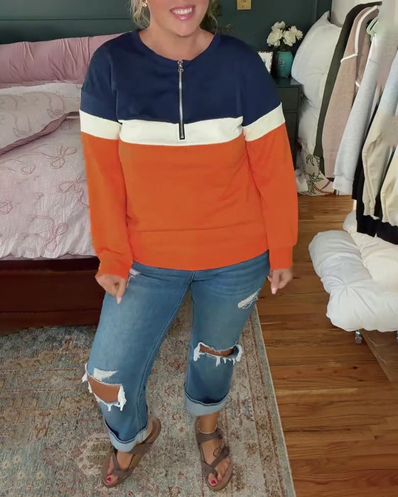 Sweatshirt Med Lynlås, Stående Krave Og Farveblokering Langærmet