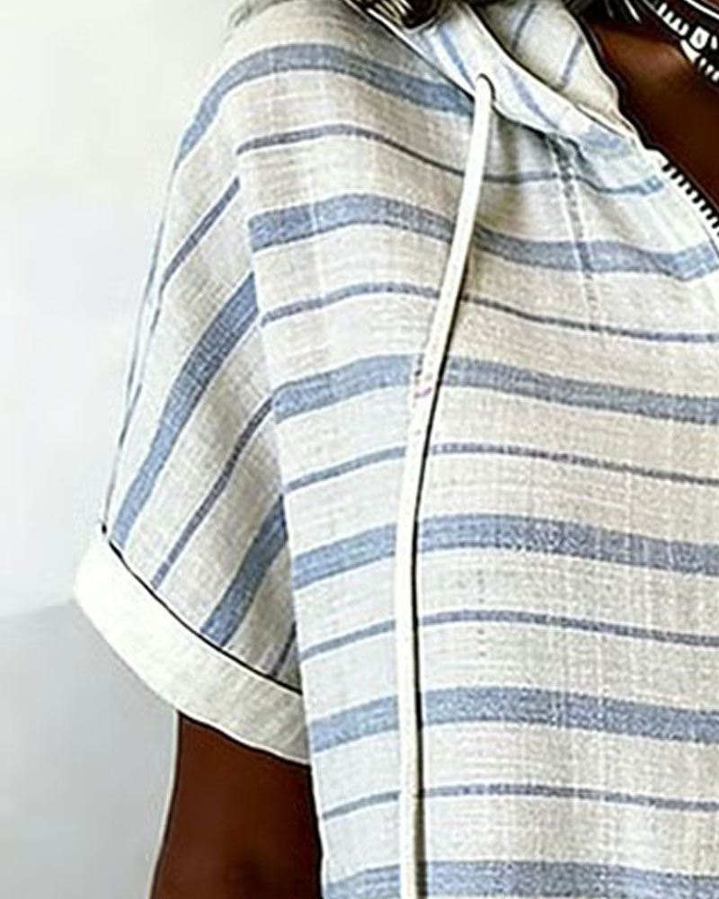 Top Stribet Hætte Lynlås Kort Ærme