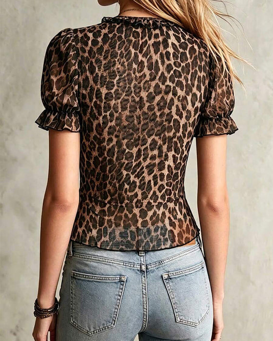 Bluse V-Hals Leopard Tryk Ruffle Pufærme