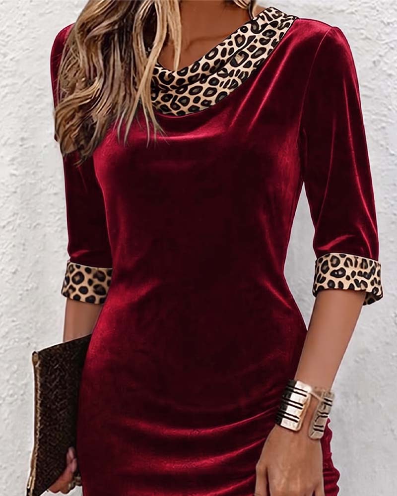 Kjole Draperet Cowl Hals Leopard Tryk Halværme Slim Fit