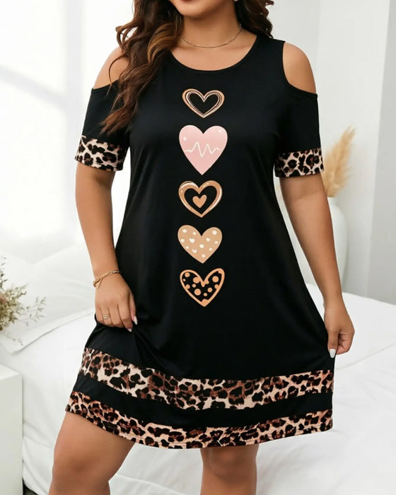 Kjole Rund Hals Off-Shoulder Leopard Hjerte