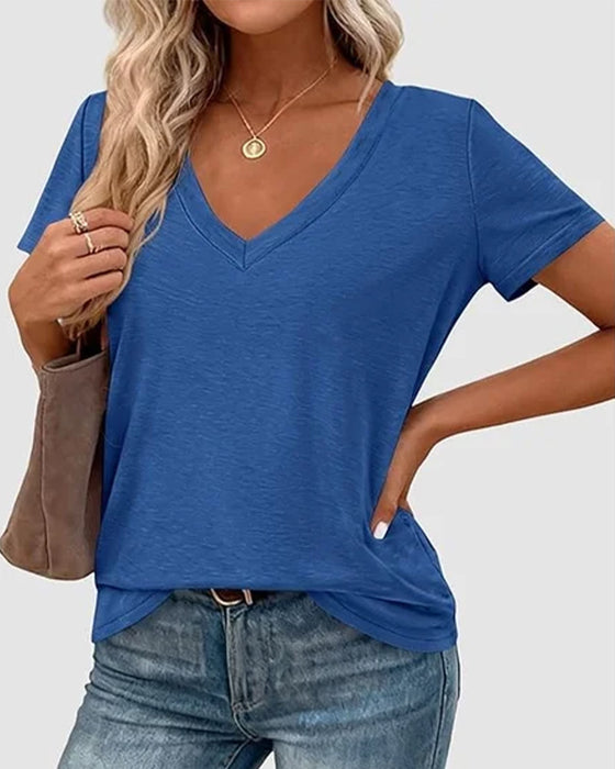 T-Shirt Pullover V-Hals Ensfarvet