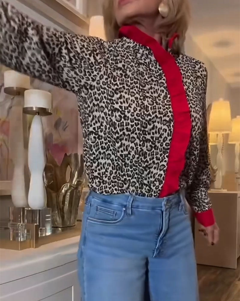 Bluse Rynket Leopardprint Farveblokeret