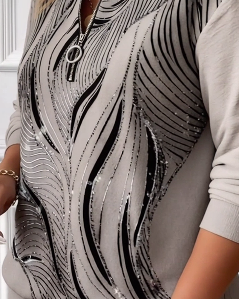 Plusstørrelse Casual Trykt Sweatshirt Med Halv Lynlås