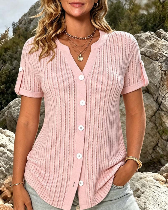 Bluse Mini V-Hals Knap Ensfarvet