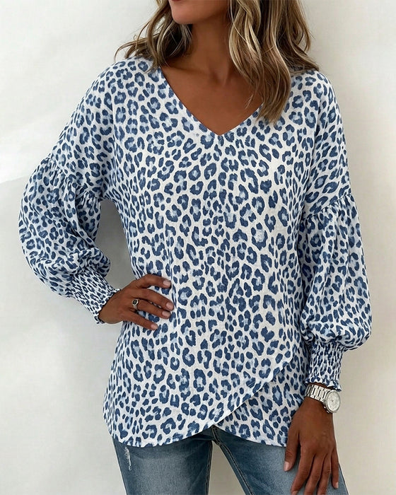 Top Leopard Lanterne-Ærme V-Hals