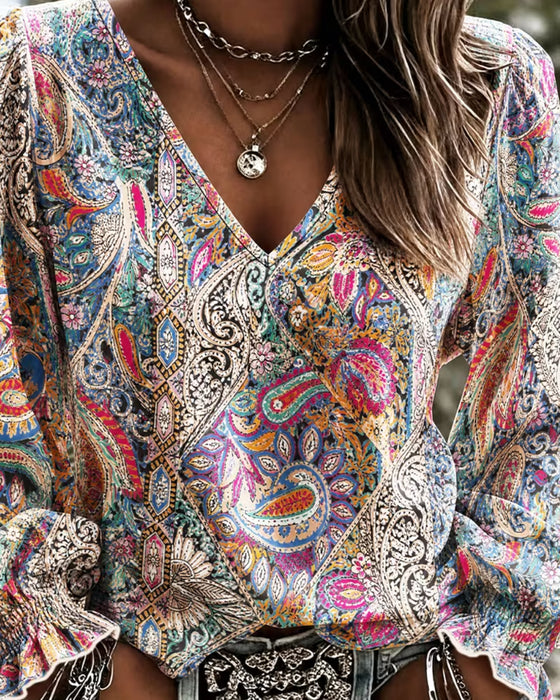 Bluse V-Hals Bohemian Bobble Ærme