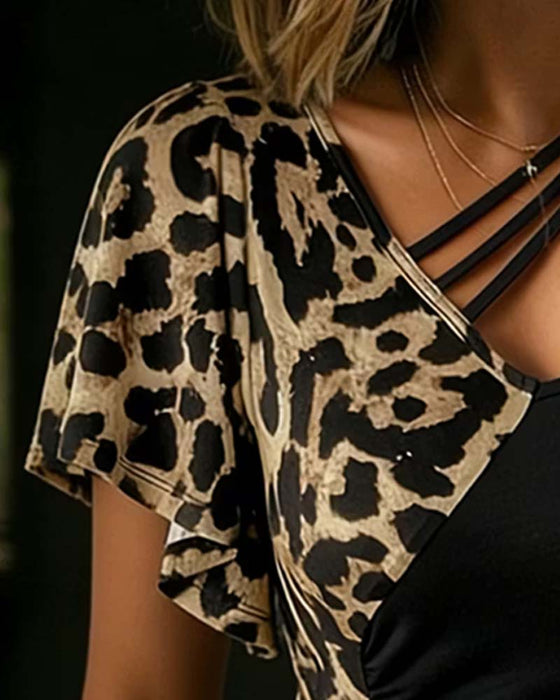 T-Shirt Leopard Tryk V-hals