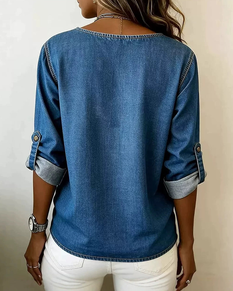 Bluse Rund Hals Sidesplit Knap