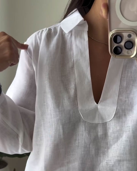 Bluse Med Krave I Bomulds-Linned