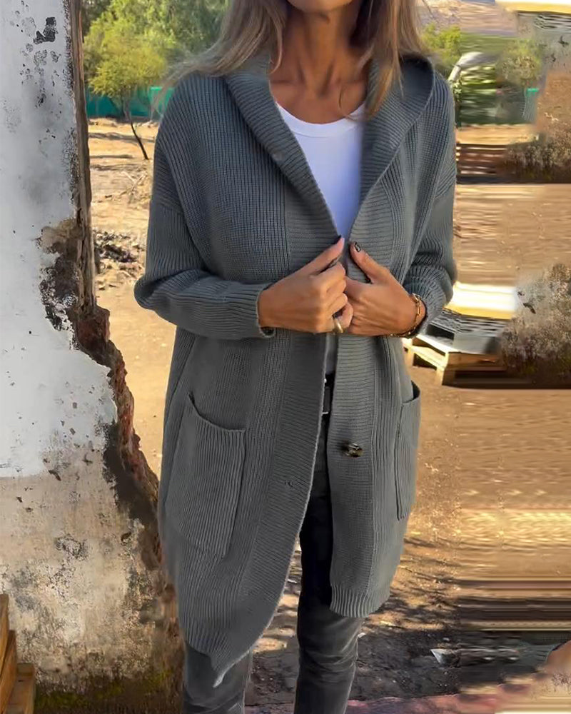 Casual ensfarvet cardigan med hætte og lommer