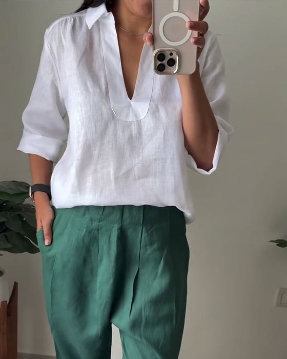 Bluse Med Krave I Bomulds-Linned
