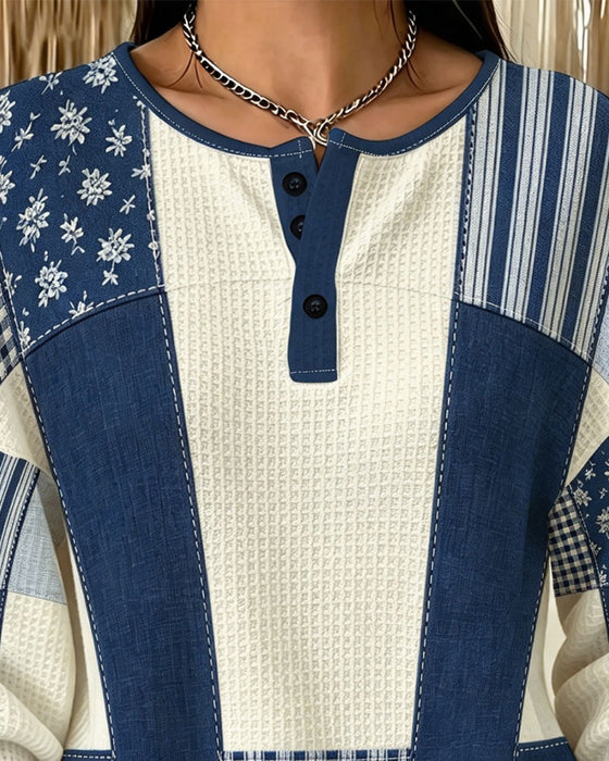 Sweatshirt Rund Hals Knap Blomstret Plaid