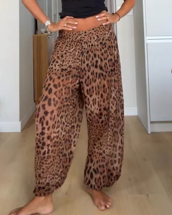Bukser Elastisk Talje Leopard Tryk Bred Ben Lang