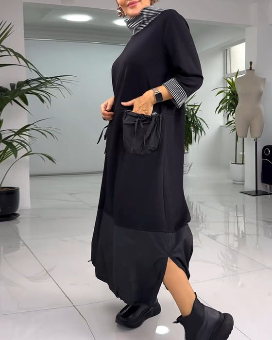 Afslappet patchworkkjole med høj krave