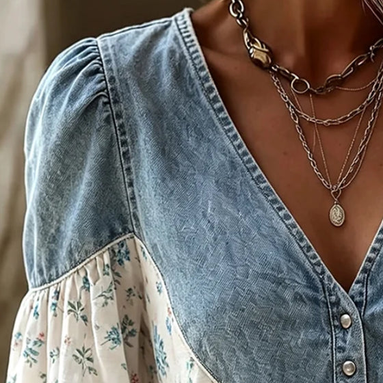 Bluse V-Hals Blomstertryk Pufærme Denim Panel