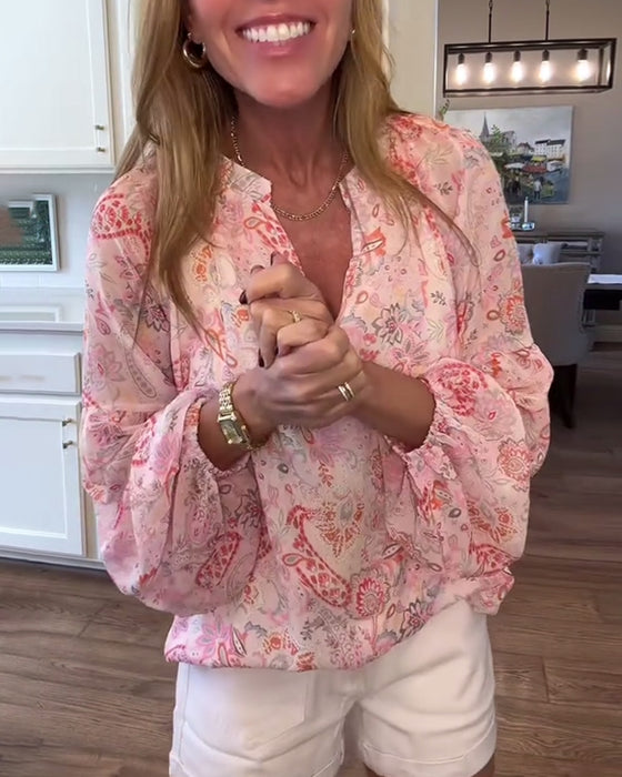 Bluse Med Ballonærmer Og Blomstermønster