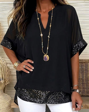 Bluse Paliet Patchwork Sheer Løs
