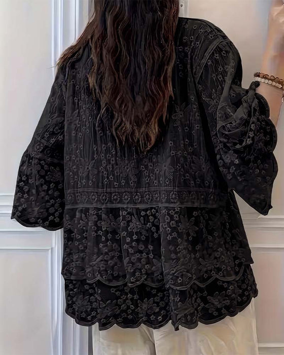 Bluse Kort Ærme Blonder Trim